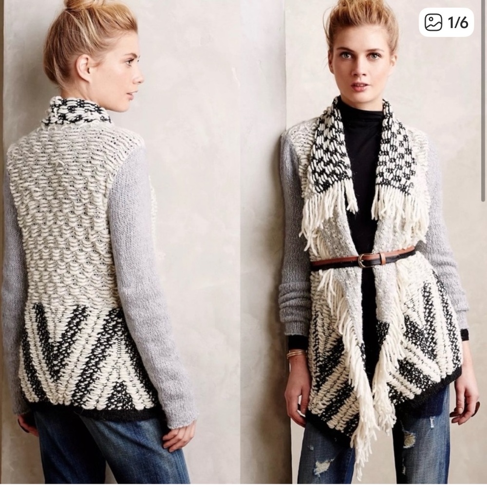 Anthropologie Moth Amba Gray Fringed Chunky Wool Alpaca Blend Sweater Size M